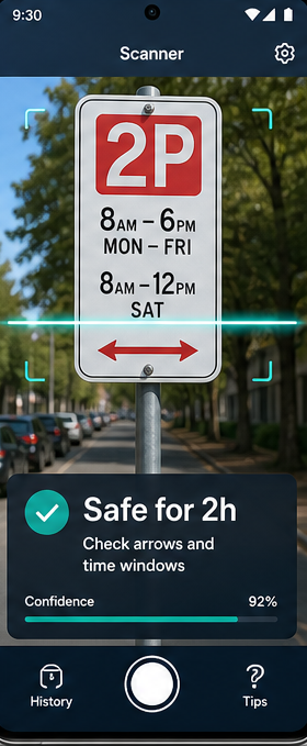 CanWePark scanner reading a two hour parking sign with a safe for two hours result